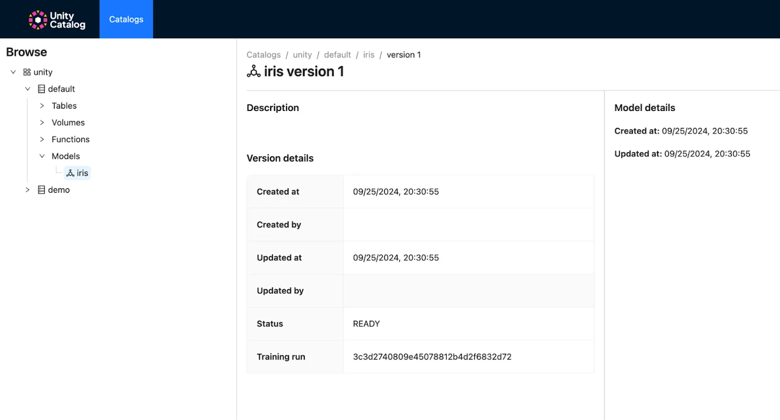 Screenshot of the Catalogs UI